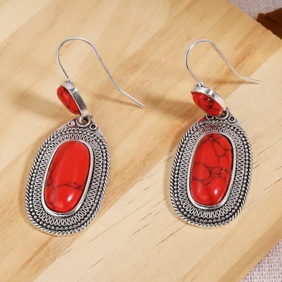 925 Sterling Silver Plated Red Synthetic Gemstone Dangle Earrings - Picture 2 of 4